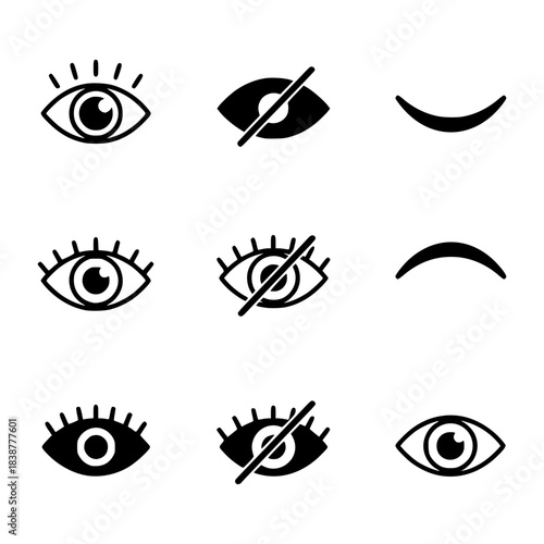 Set of nine eye vector silhouette icons showing visibility states open closed and hidden for interface design