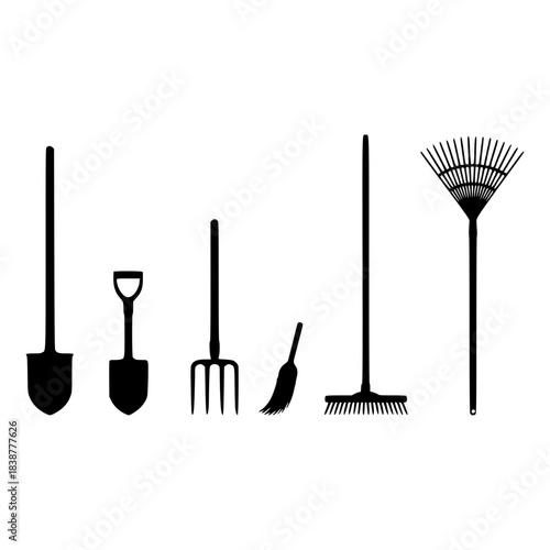 Six garden tools vector silhouette collection featuring shovel spade pitchfork broom and rake for landscaping projects