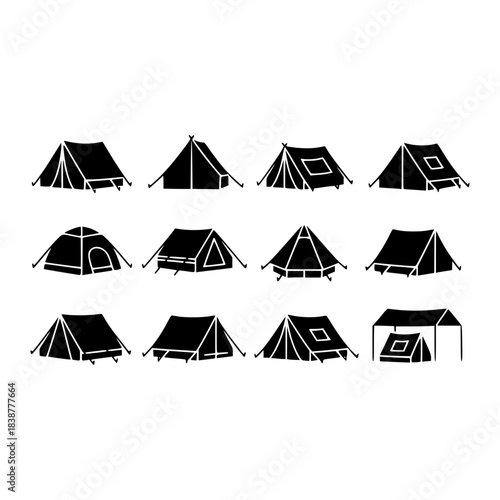 Twelve camping tent vector silhouette collection featuring various outdoor shelter shapes isolated on white background