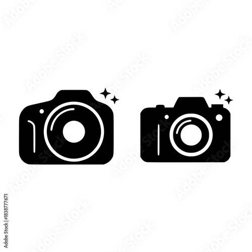 Two camera vector silhouettes with sparkling highlights, representing photography and digital media concepts
