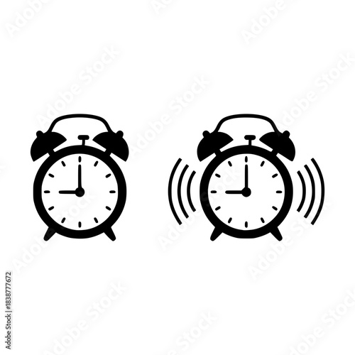 Two alarm clock vector silhouette icons depicting a silent and ringing timepiece on a clean background