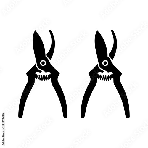 Two garden shears vector silhouette for pruning and horticulture, a pair of essential tools for gardening tasks.