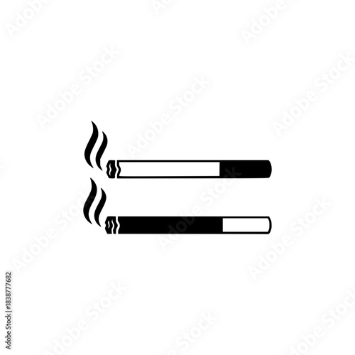 Two lit cigarettes vector silhouette smoking with plumes of smoke rising isolated on a clean white background