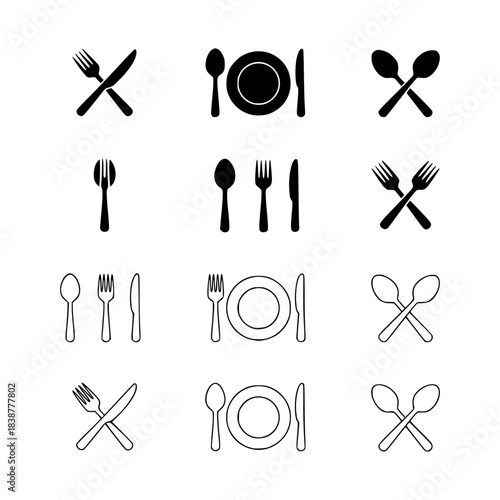 Vector silhouette icons of restaurant cutlery and kitchen utensils including forks spoons knives and plates
