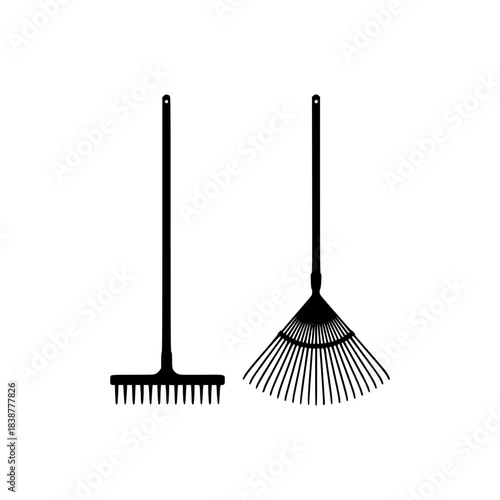 Vector silhouette of two essential garden rakes a standard rake and a leaf rake for outdoor maintenance tasks isolated