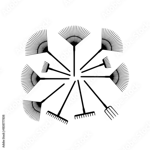 Vector silhouette of various garden rakes and a pitchfork arranged in a circular pattern on a clean white background