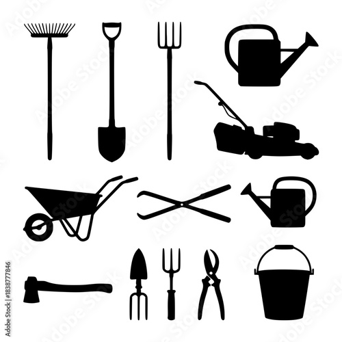 Vector silhouette set of twelve essential gardening tools including a rake shovel and watering can on white
