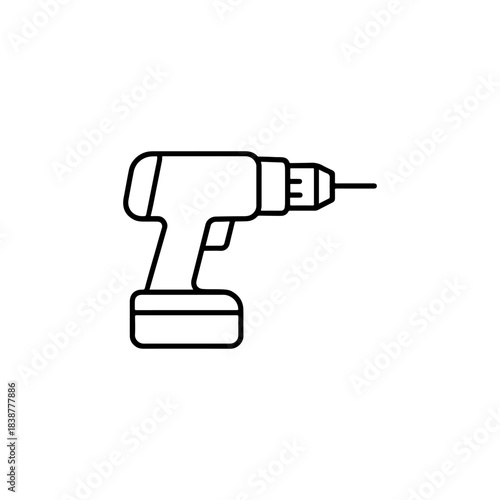 Cordless Power Drill Line Icon in Profile
Black-and-white line drawing of a cordless power drill facing right, with visible chuck, drill bit, and battery base.