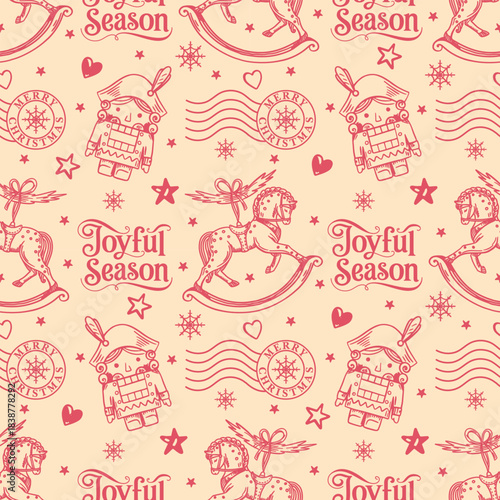 Hand-drawn doodle style Christmas seamless pattern with Nutcrackers and rocking horses. Vintage monochrome background is perfect for fabric, wrapping paper, and festive designs
