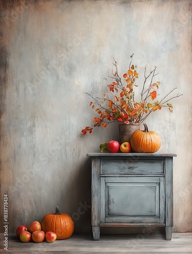 Autumn Still Life: Pumpkins, Apples, and Fall Branches on Vintage Table