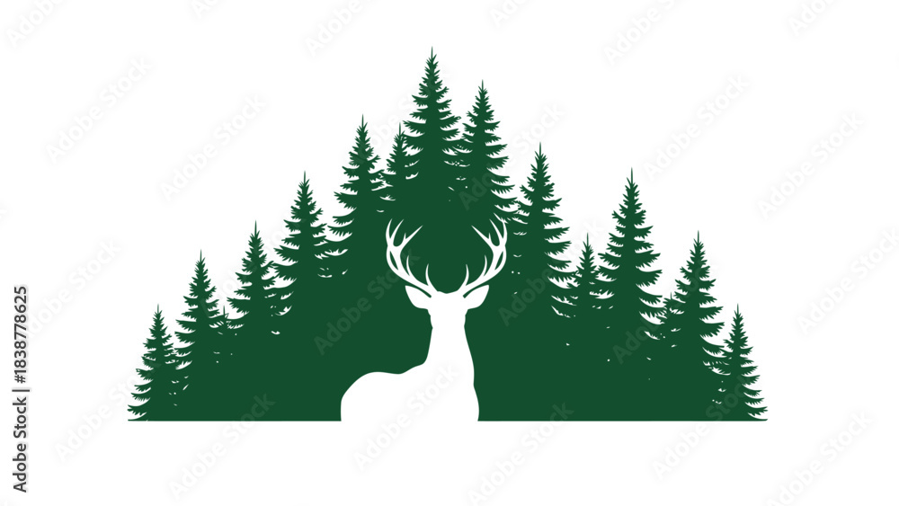Fototapeta premium White deer silhouette against a dark green forest background.