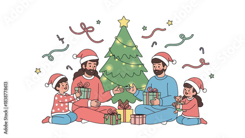 Family exchanging gifts by the Christmas tree.