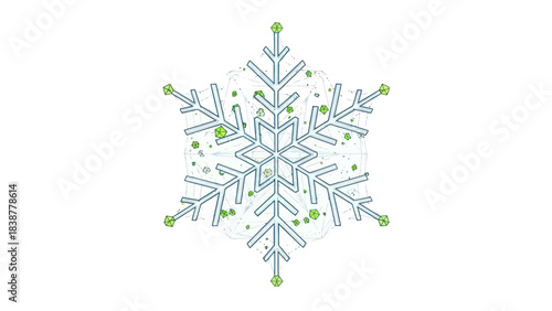 Abstract geometric snowflake design with green accents on a white background.