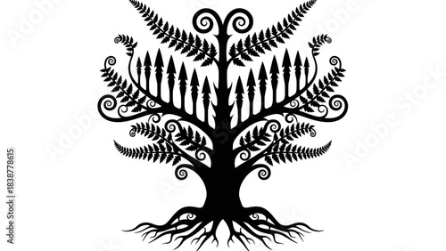Stylized black silhouette tree of life with fern leaves