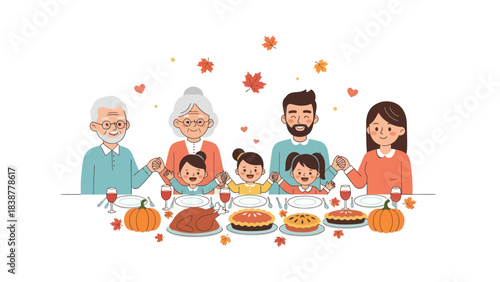 Happy multi-generational family celebrating Thanksgiving dinner holding hands together.