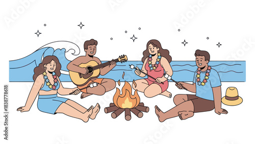 Friends enjoying a beach campfire with music and roasted marshmallows.