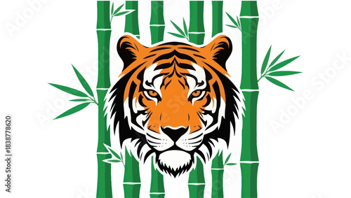 Powerful tiger head illustration set against a backdrop of green bamboo.