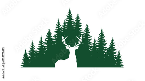 White deer silhouette against a dark green forest background.