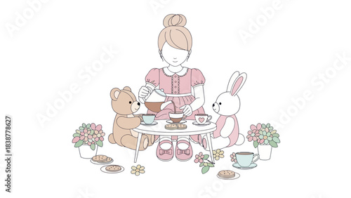 A little girl having a whimsical tea party with her teddy bear and bunny.