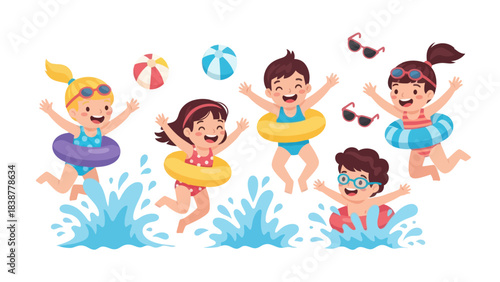 Children are having fun splashing in the water with swim rings.