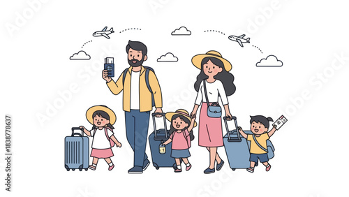 A happy family preparing for a summer vacation trip.