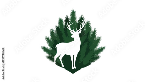 A white deer silhouette stands proudly against a backdrop of pine trees.