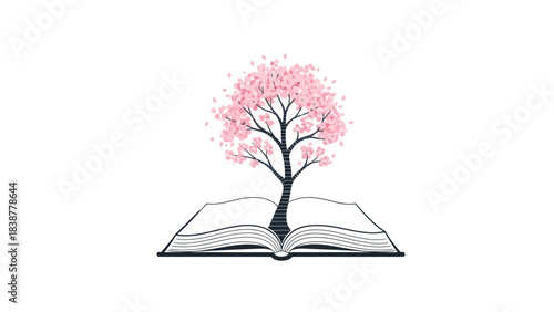 Tree of knowledge grows from an open book with blossoms