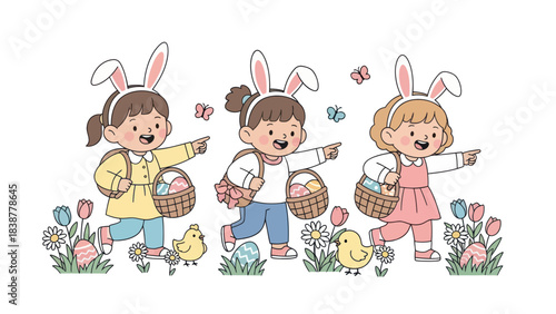 Children with bunny ears and baskets on an Easter egg hunt.