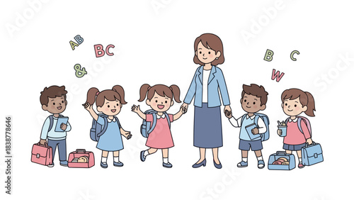 Teacher and children in school with backpacks and school supplies.