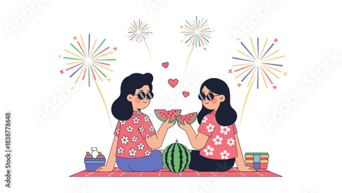 Two friends enjoy watermelon and fireworks at a summer picnic.