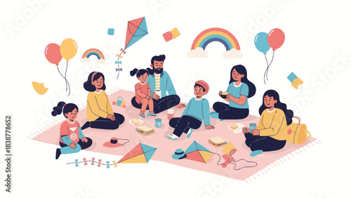 A diverse family enjoys a picnic with kites and balloons outdoors.