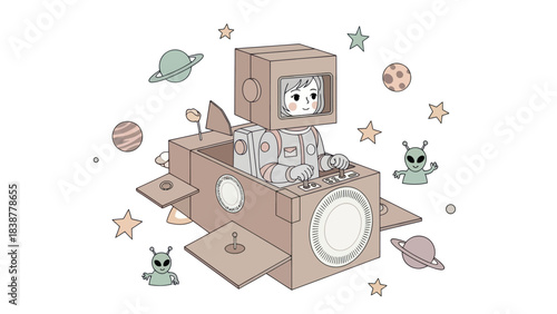 A smiling child astronaut embarks on an imaginative space adventure in a cardboard spaceship.