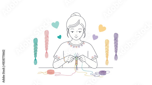 Woman making colorful friendship bracelet with threads.