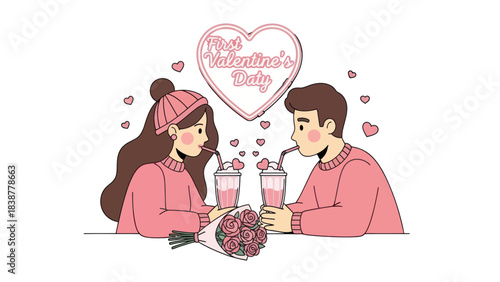 Couple celebrates first Valentine's Day with drinks and roses.