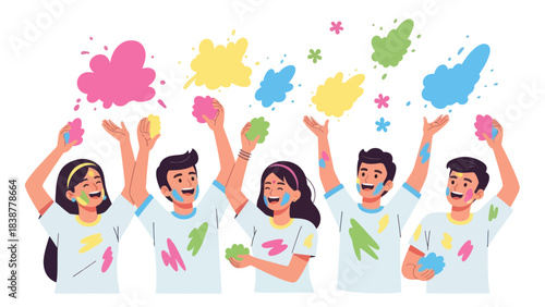 Joyful group celebrating Holi festival with colorful powder.