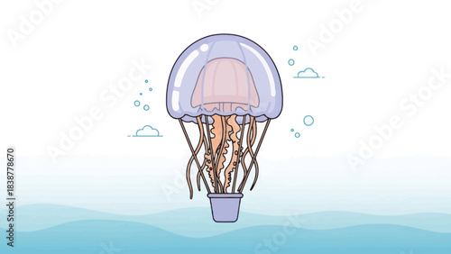 A whimsical jellyfish hot air balloon floats above the ocean.
