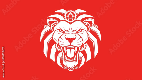 Steampunk lion head with mechanical gears roaring on a red background.
