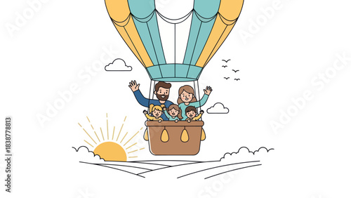 Happy family in a hot air balloon at sunrise