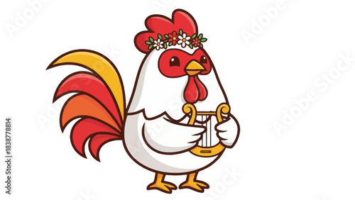 Cute cartoon rooster playing a harp with a flower crown.