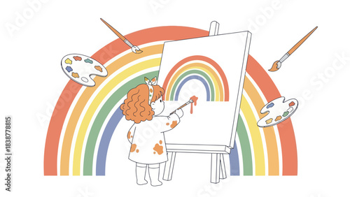 Young girl artist painting a rainbow on canvas