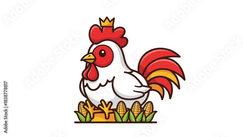 Cute Cartoon Rooster King with Corn Cob Illustration