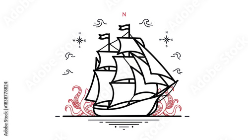 Stylized Sailing Ship Attacked by Giant Kraken Tentacles