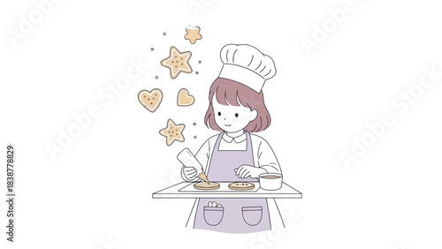 A little baker decorates cookies with frosting