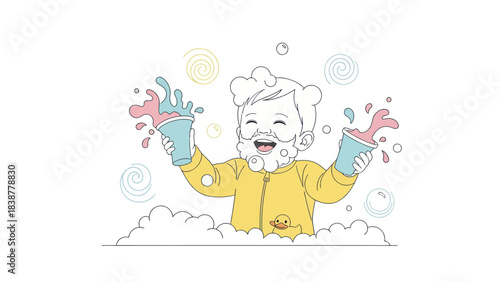 Joyful baby playing in a bubble bath with colorful splashes.