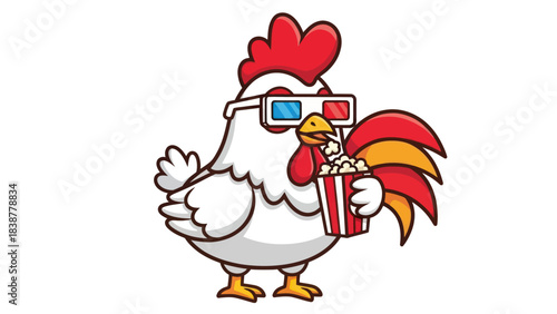 Funny cartoon chicken watching movie with 3D glasses and eating popcorn.