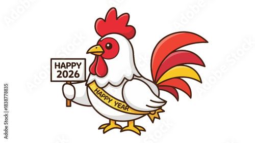 Cartoon rooster holding a sign for happy 2026
