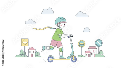 Child with helmet riding a scooter in a colorful cartoon town