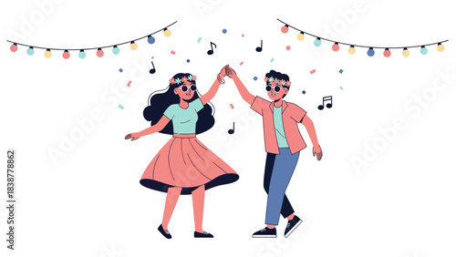 Joyful young couple dancing at a festive party with lights and confetti.