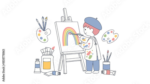 Child artist happily painting a colorful rainbow on a canvas.