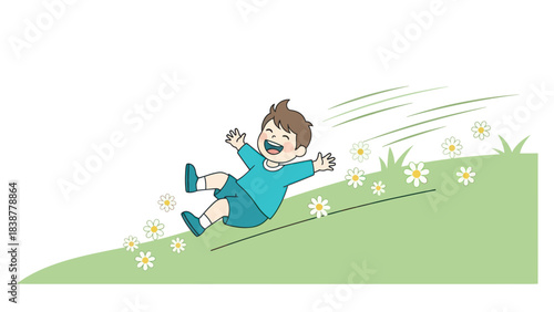 Happy child sliding down a grassy hill with flowers and wind.